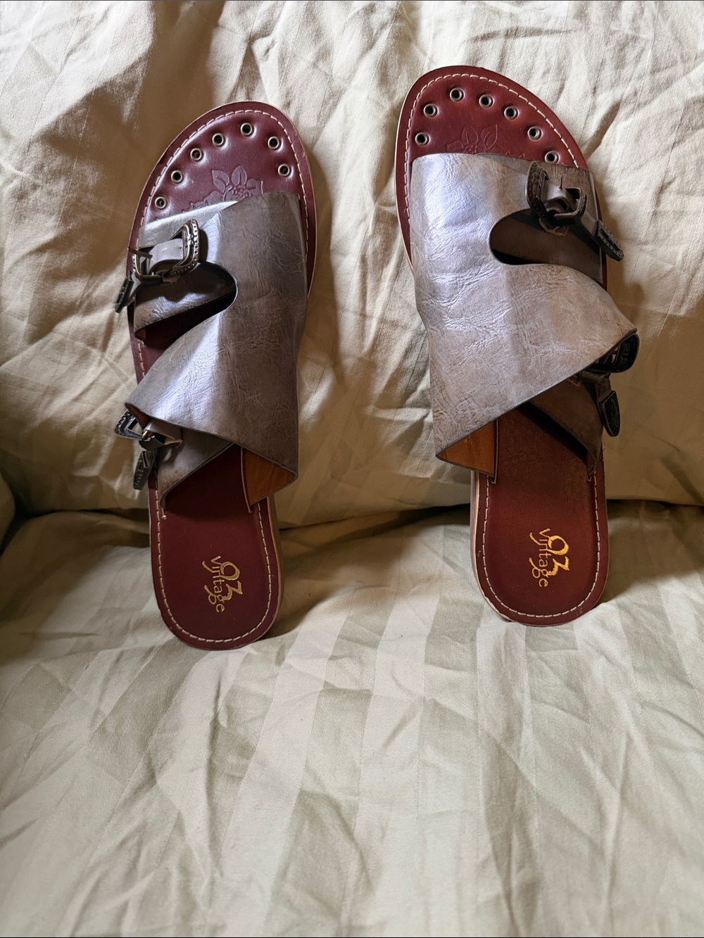 Vintage Women's Taupe Crisscross Buckle Slide Sandals